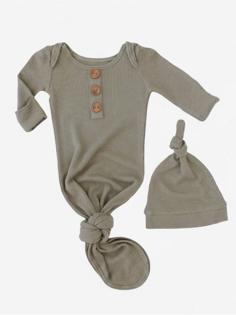 Caden Lane Neutral Knit Knotted Gown and Hat Set - Sage Green
